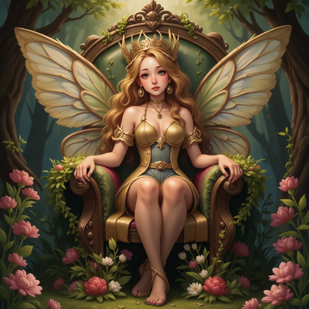A majestic Fairy Queen sitting on an ornate throne made of twisting vines and flowers