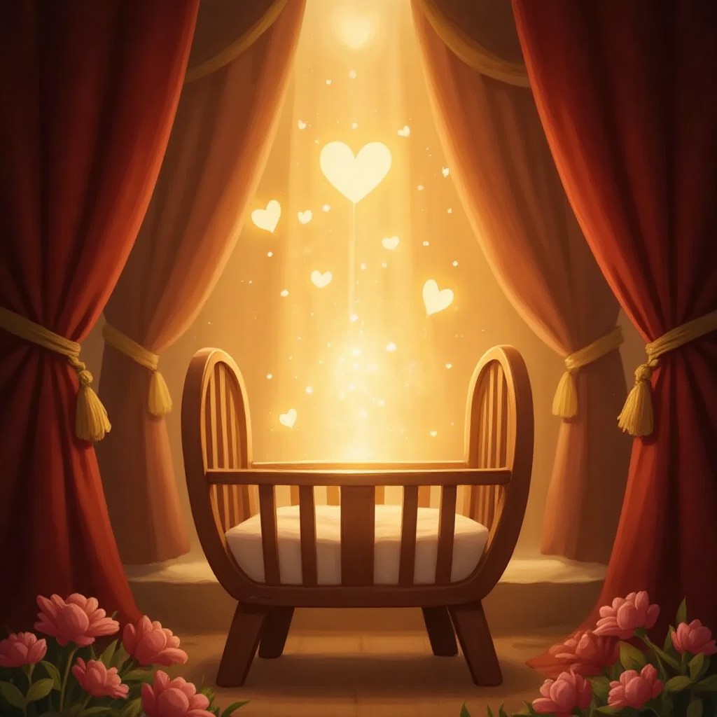 A radiant golden light emanating from a cradle, with floating hearts and sparkles in a magical nursery