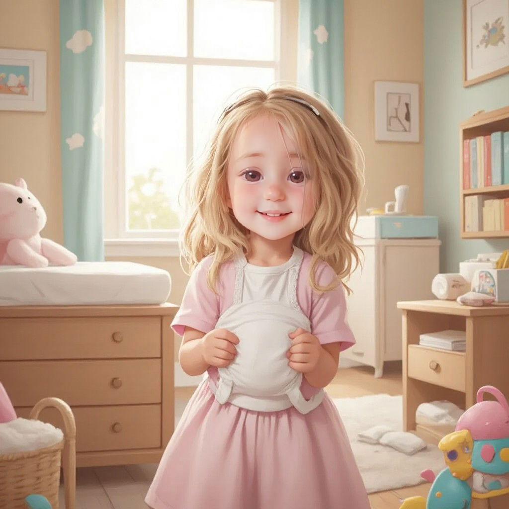 Amelia holding a diaper with a proud smile, standing in a nursery with changing table and baby supplies