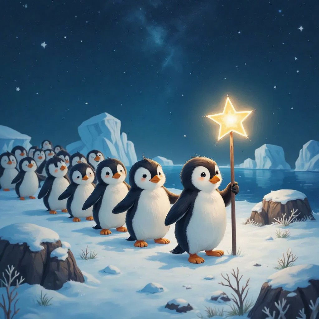 Parade of cheerful penguins following the group with the glowing star