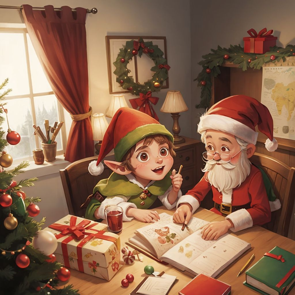 A cheerful, slightly disheveled Bo Jangle salutes Santa in a cozy office filled with toys, maps, and holiday cheer. Candy canes spill from a jar Bo Jangle has just knocked over.
