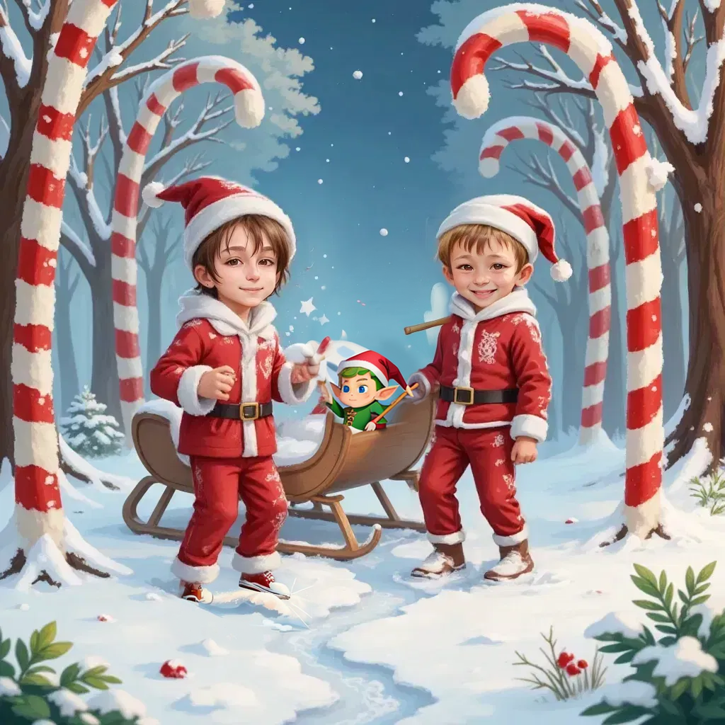 Bo Jangles Josiah and Chayce covered in snow a crashed sleigh in snow and candy cane trees
