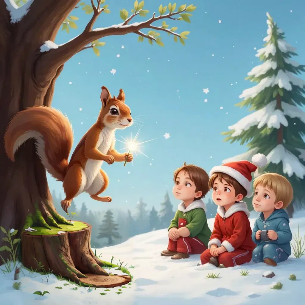 squirrel sitting up on tree branch holding star. Bo Jangle, Josiah, and Chayce look up at him from the snowy ground