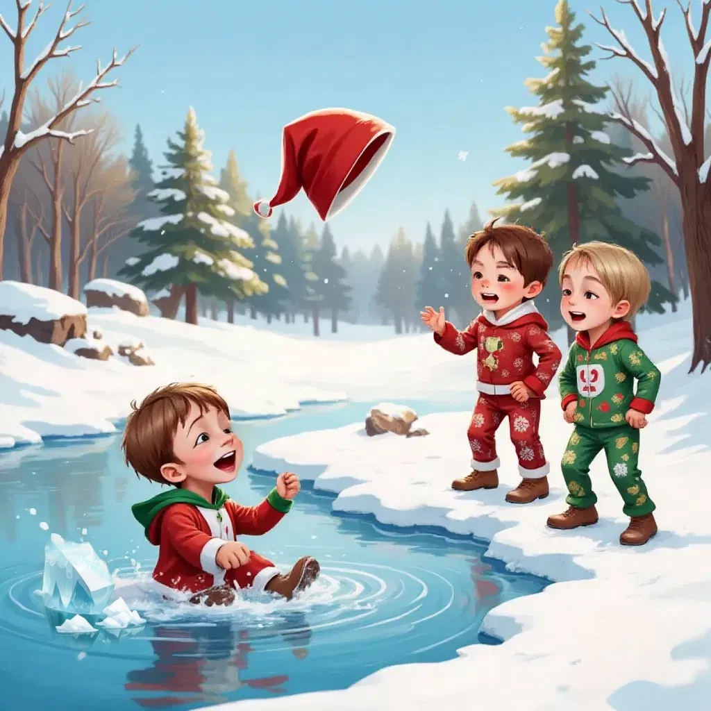 Bo Jangle slipping on ice pond with his hat flying off while Josiah and Chayce laugh from afar