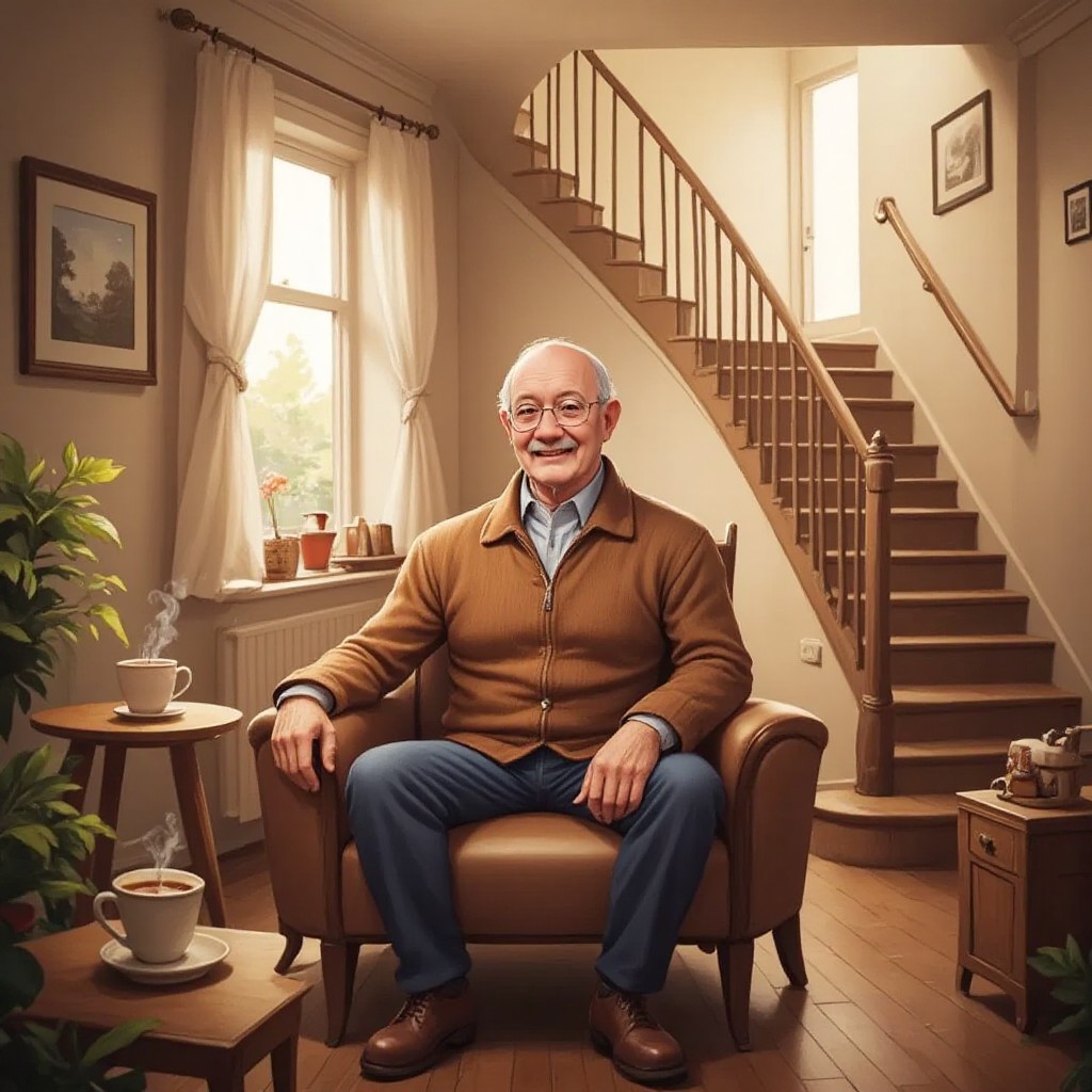 Grandad sitting in a cozy little house, with a staircase in the background