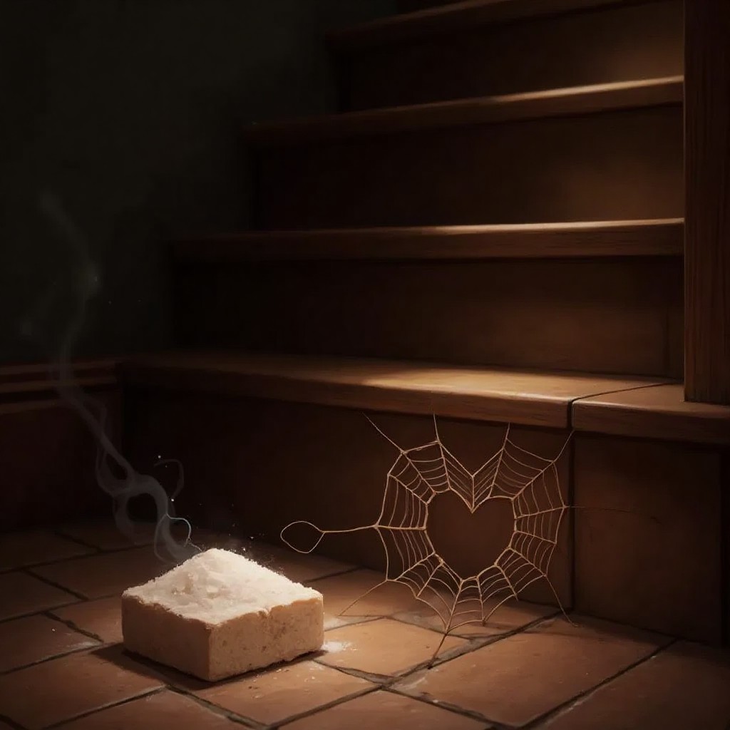 A small piece of sugar under the stairs with a heart-shaped web next to it
