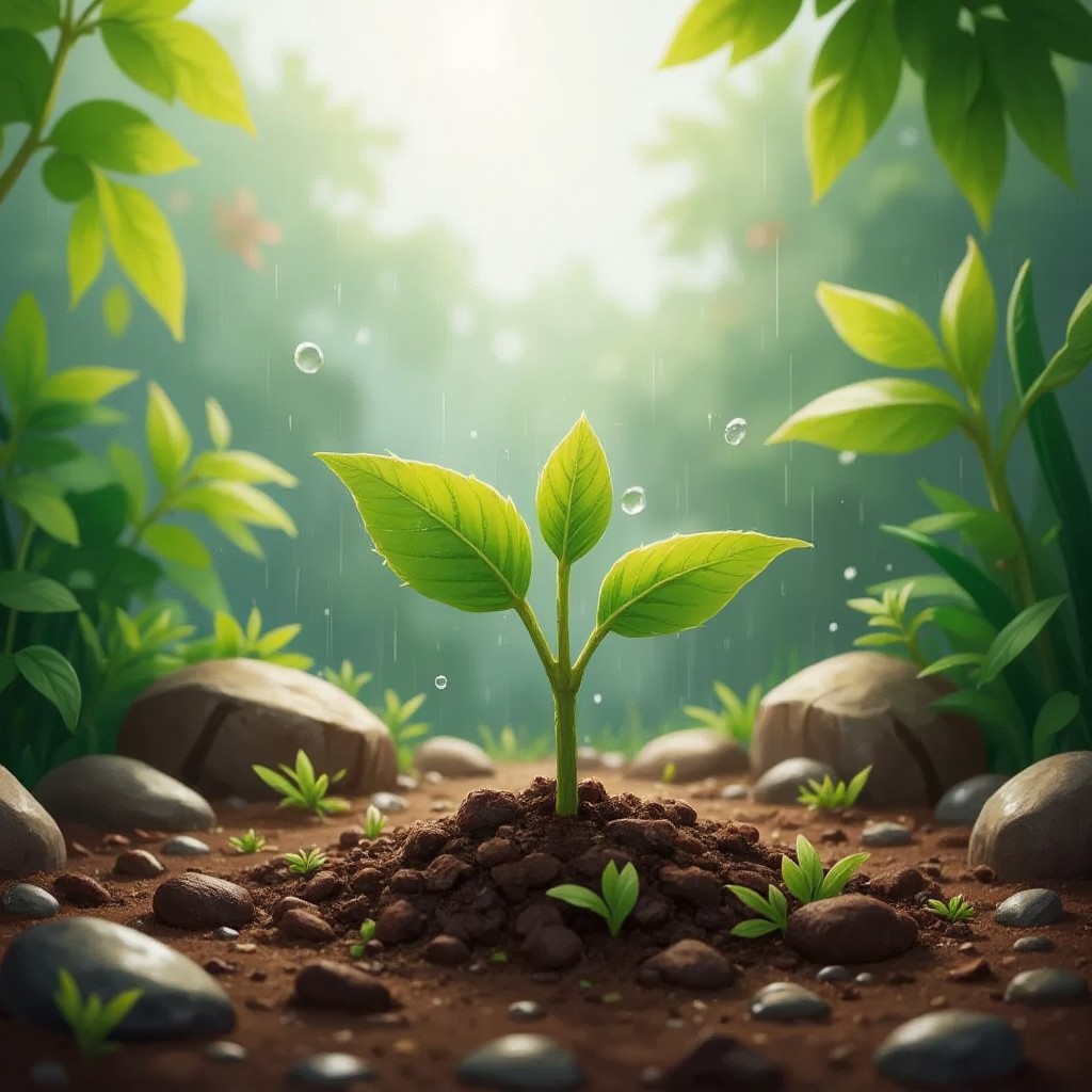 A determined small green seedling emerging from soil under rain and sunshine, with tiny roots visible beneath the soil