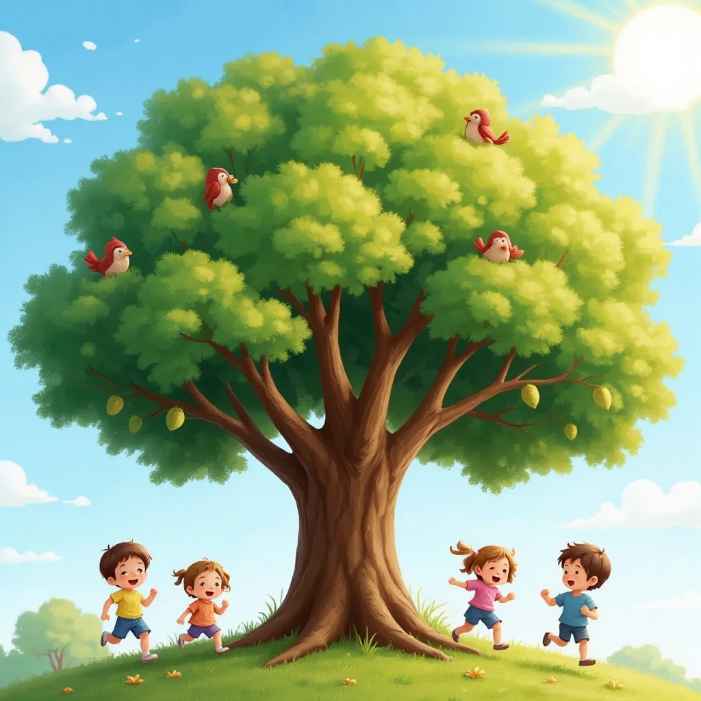 A majestic oak tree with wide branches, birds nesting in its leaves, and acorns hanging from branches. Children playing beneath in the shade