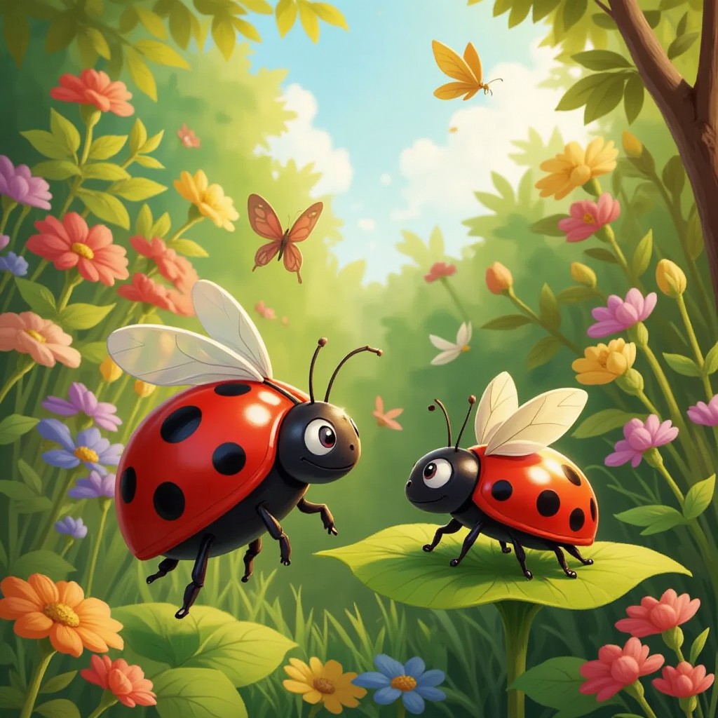 Mr. Bug dressed as a ladybug, buzzing around a colorful garden, spotting Mrs. Bug, a beautiful ladybug resting on a leaf.