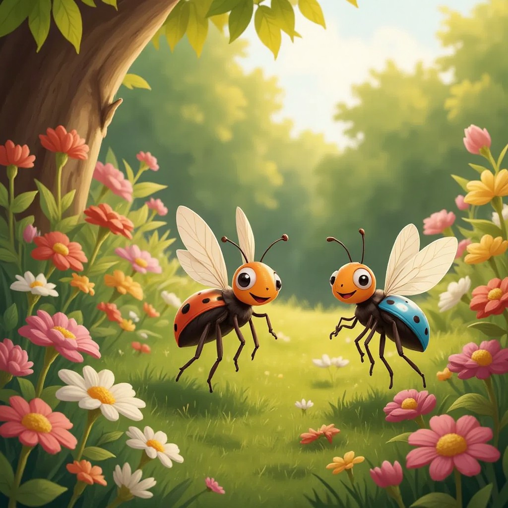 Mr. Bug and Mrs. Bug flying together, surrounded by colorful flowers, discovering a hidden spot with the most beautiful flowers.
