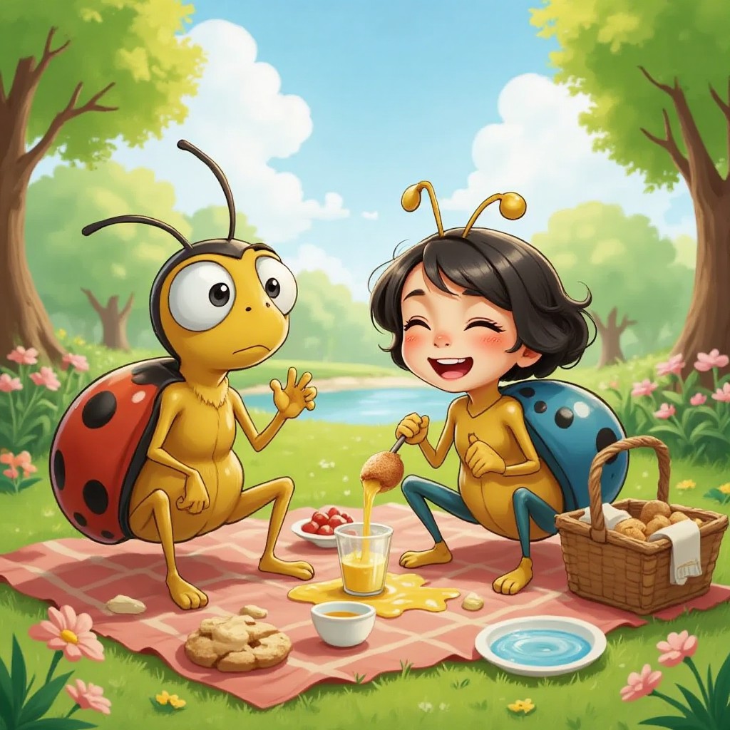 Mr. Bug looking embarrassed with spilled juice on a picnic blanket, while Mrs. Bug giggles reassuringly.
