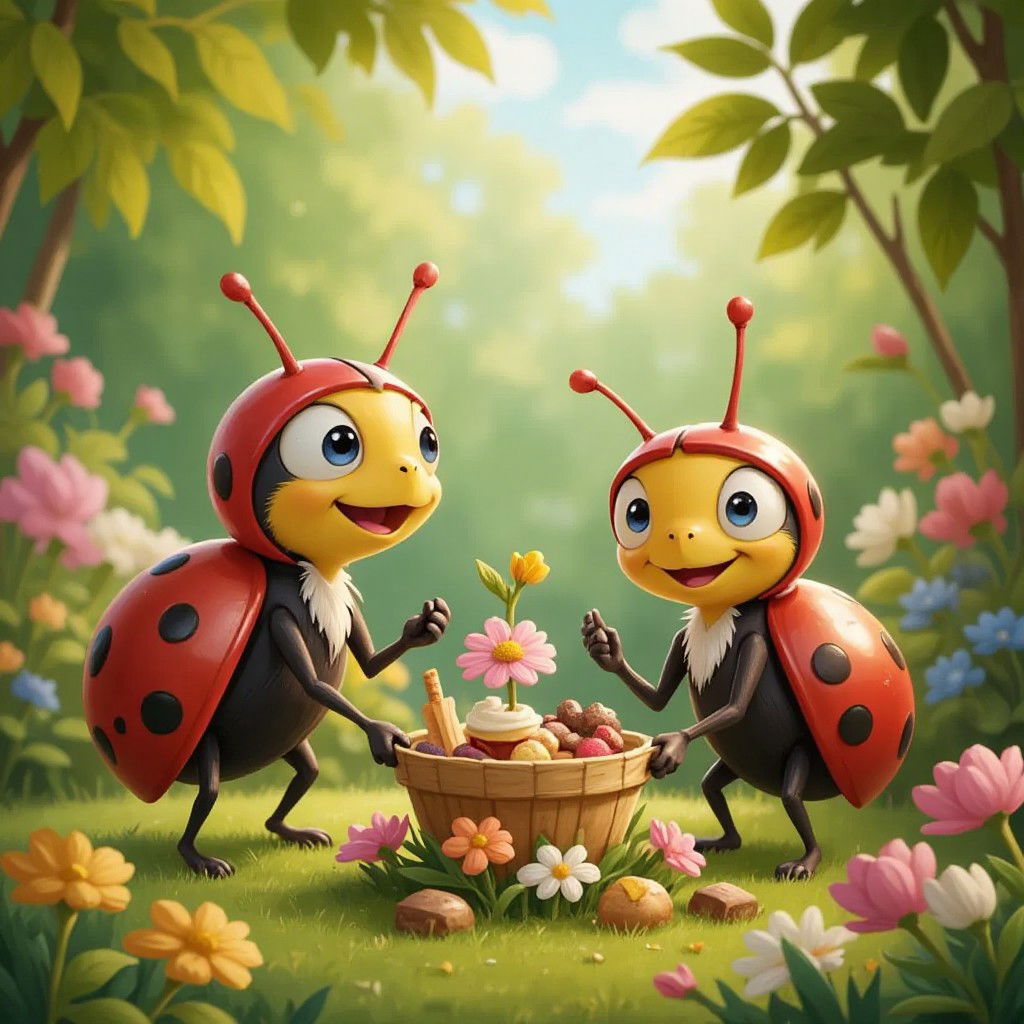 Mr. Bug surprising Mrs. Bug with a decorated flower spot and treats, both feeling happy and content.