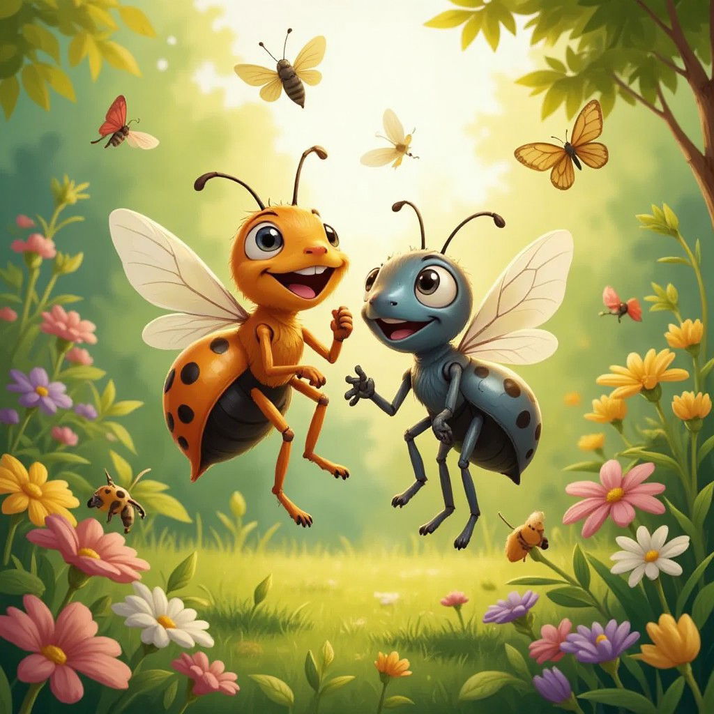 Mr. Bug and Mrs. Bug buzzing around the garden together, feeling happy and content.