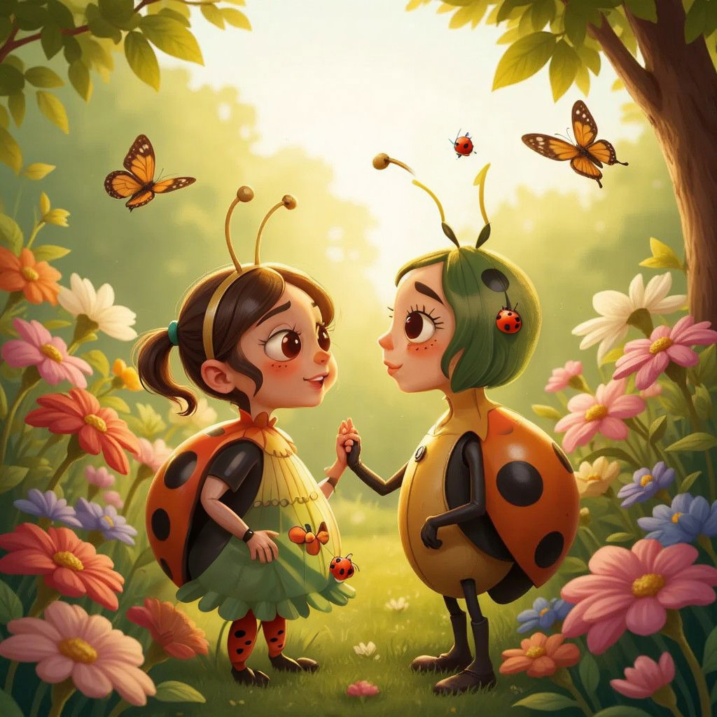 Mrs. Bug smiling shyly at Mr. Bug, surrounded by vibrant flowers in the garden.