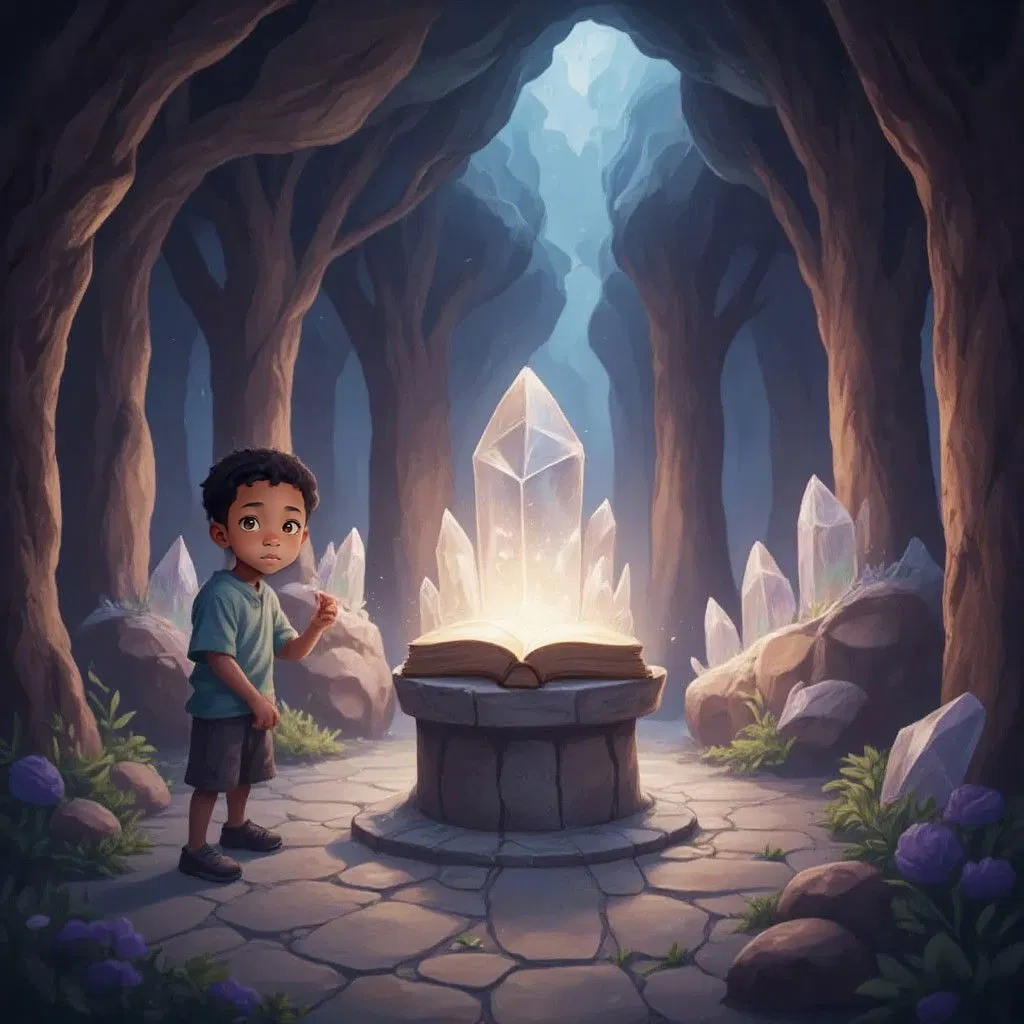 A magical room filled with floating, luminescent crystals. A large glowing book on a stone pedestal. Elias approaching with amazement