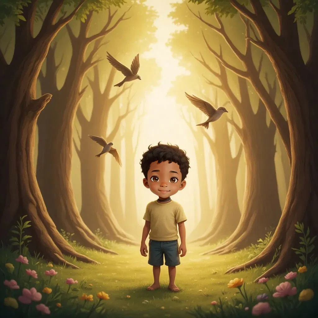 Elias in a transformed, peaceful forest. Trees emitting a soft golden glow, birds flying overhead