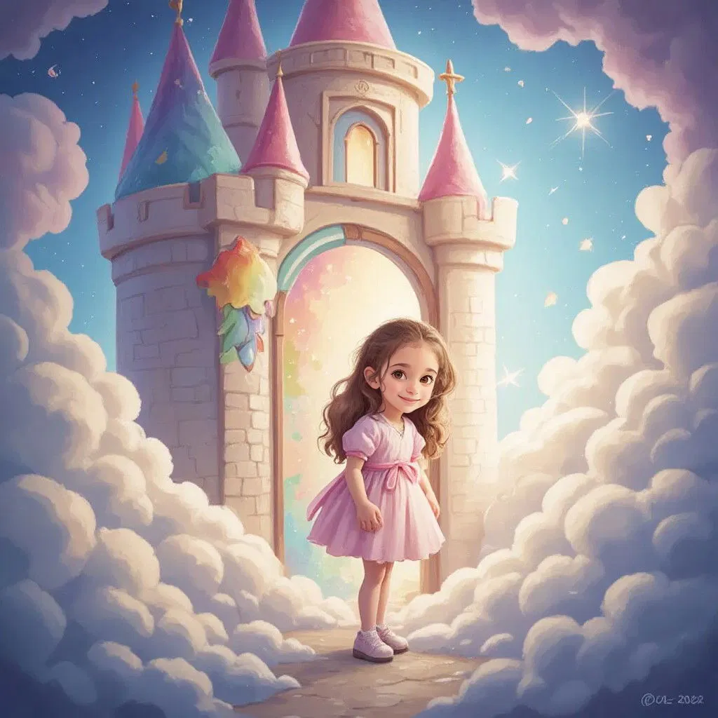 Ella entering a floating castle in the clouds, filled with colorful, rainbow-like hues