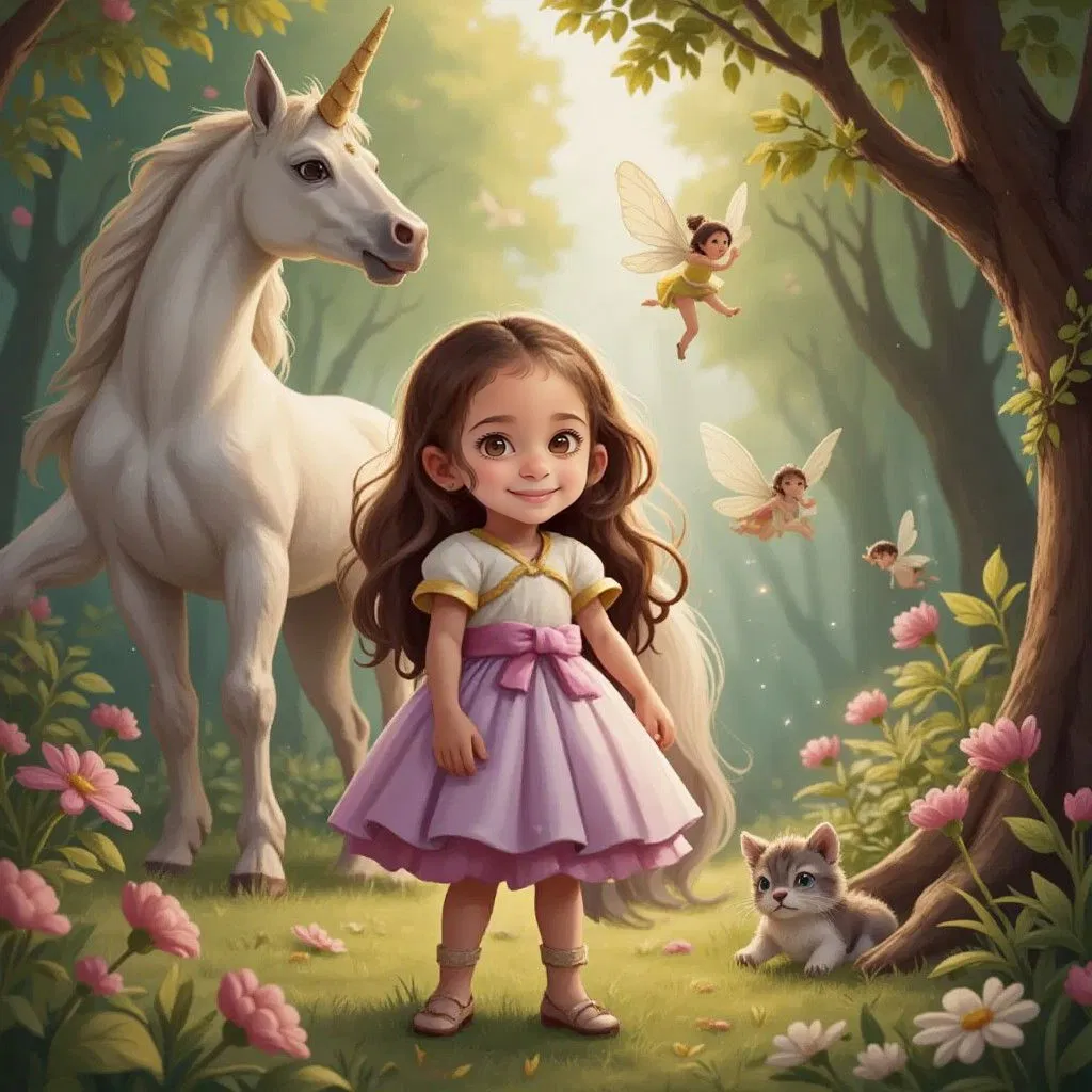 Ella surrounded by fairies and the unicorn, feeling strong and brave in a magical setting