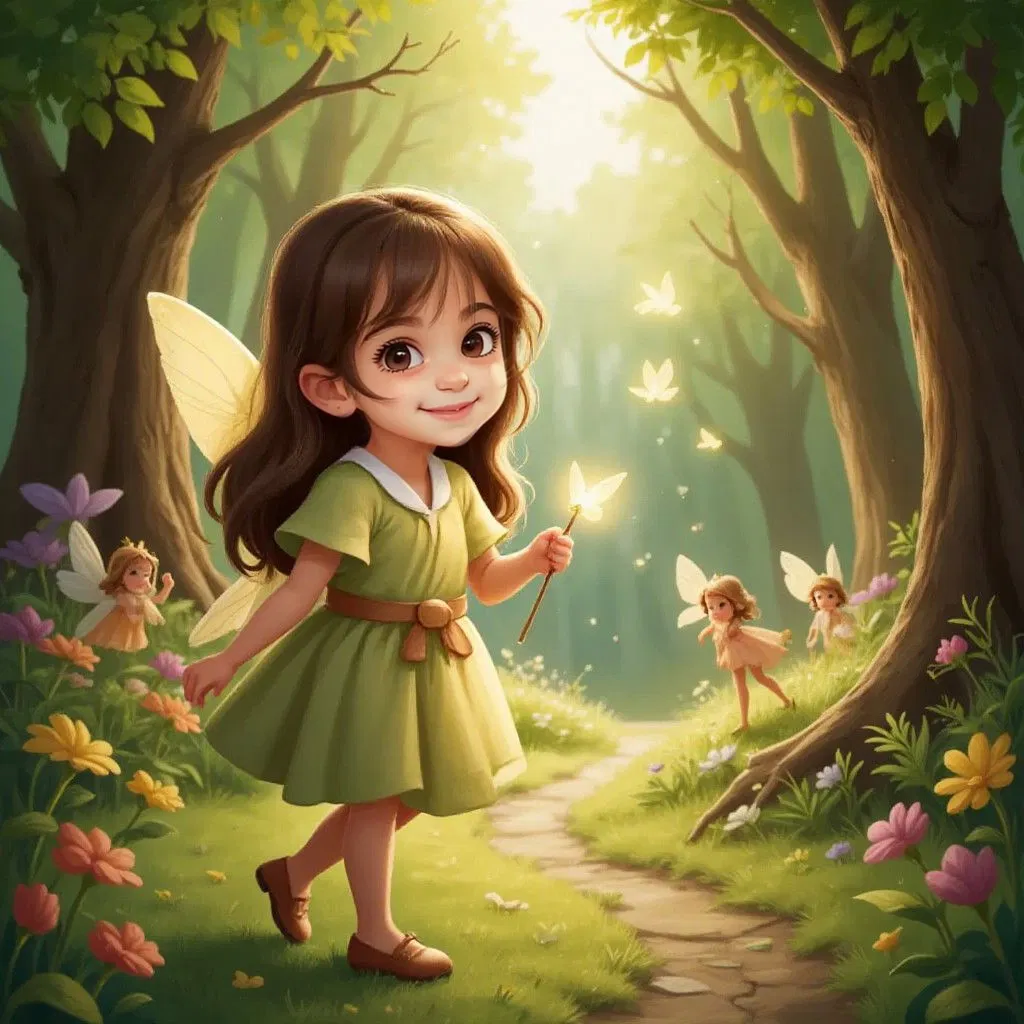 Ella Walking next to a singing fairies, In the background is a spectacular view of a magical, sparkling path in the forest.