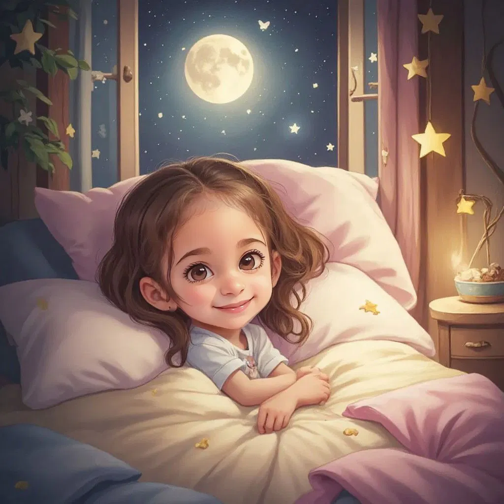 Ella sleeping peacefully, dreaming of her magical friends, with a smile on her face