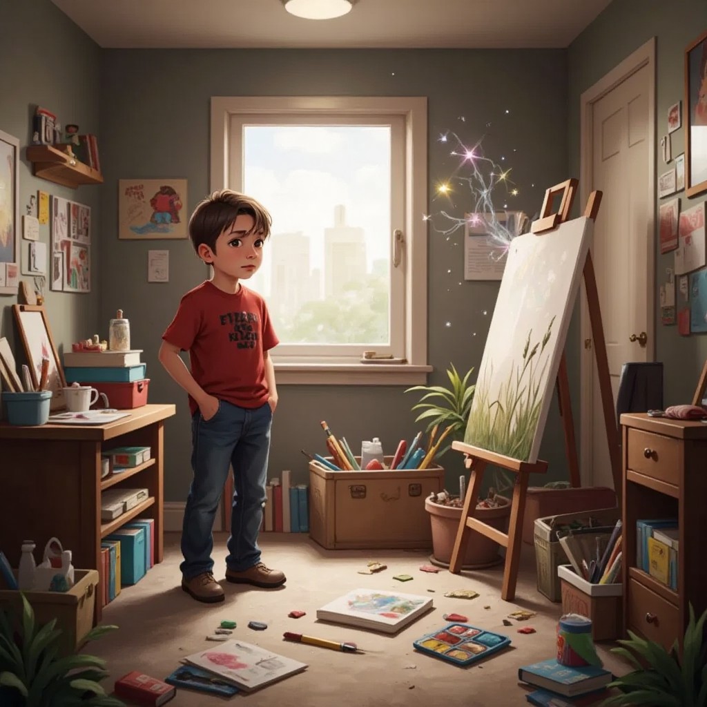 A frustrated Tommy standing in his room with scattered painting supplies, a magical wind swirling around him with sparkles. A dull painting with gray grass visible on an easel.