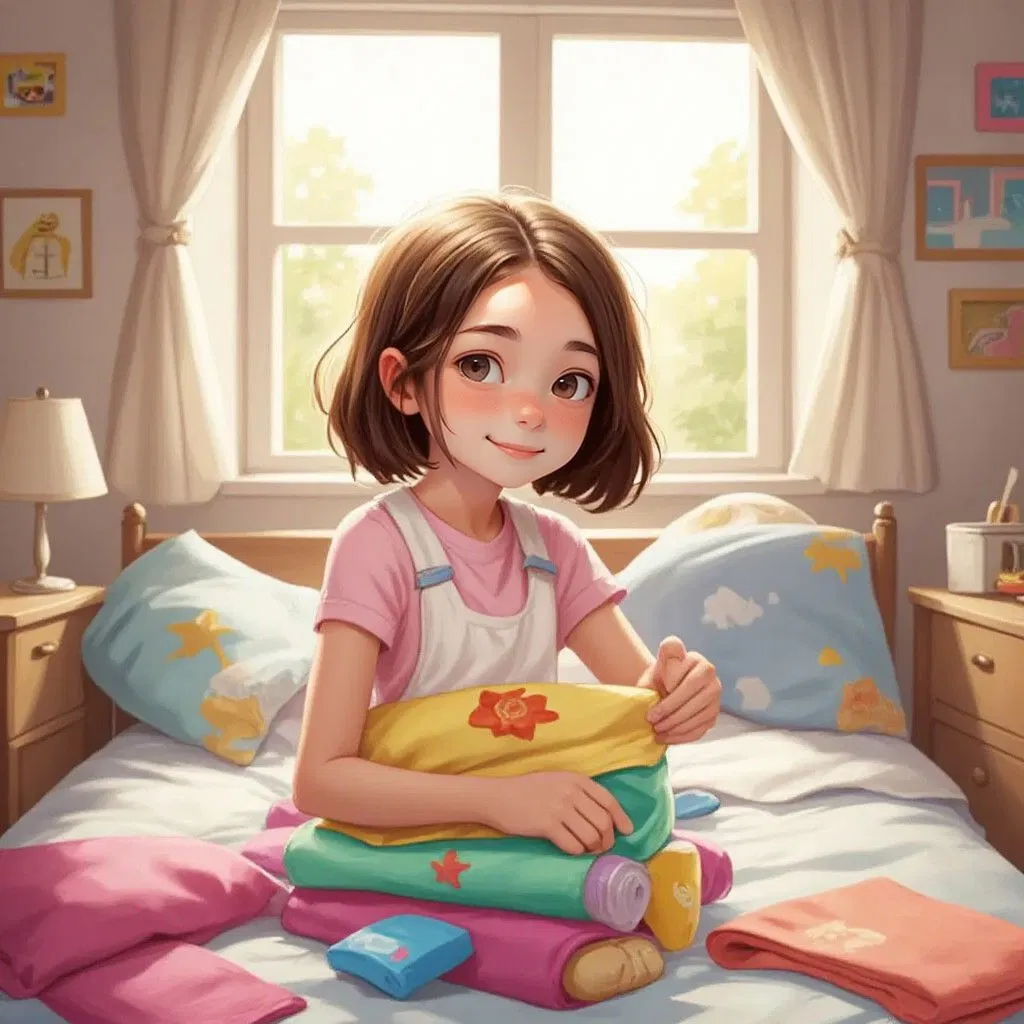 Alice in her bedroom, packing a colorful beach bag, sunlight streaming through the window. A happy expression on her face.