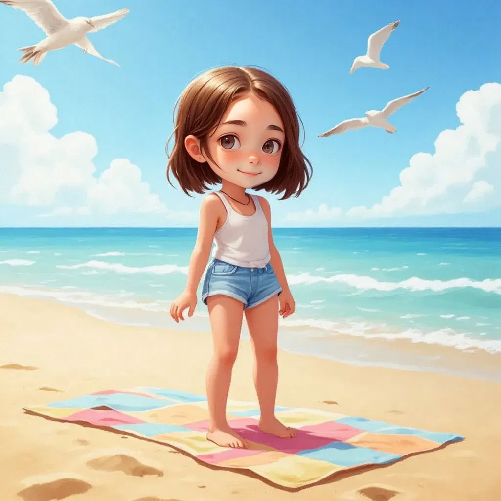 Alice standing on golden sand, her beach towel laid out, with the ocean and seagulls in the background. A serene expression on her face.