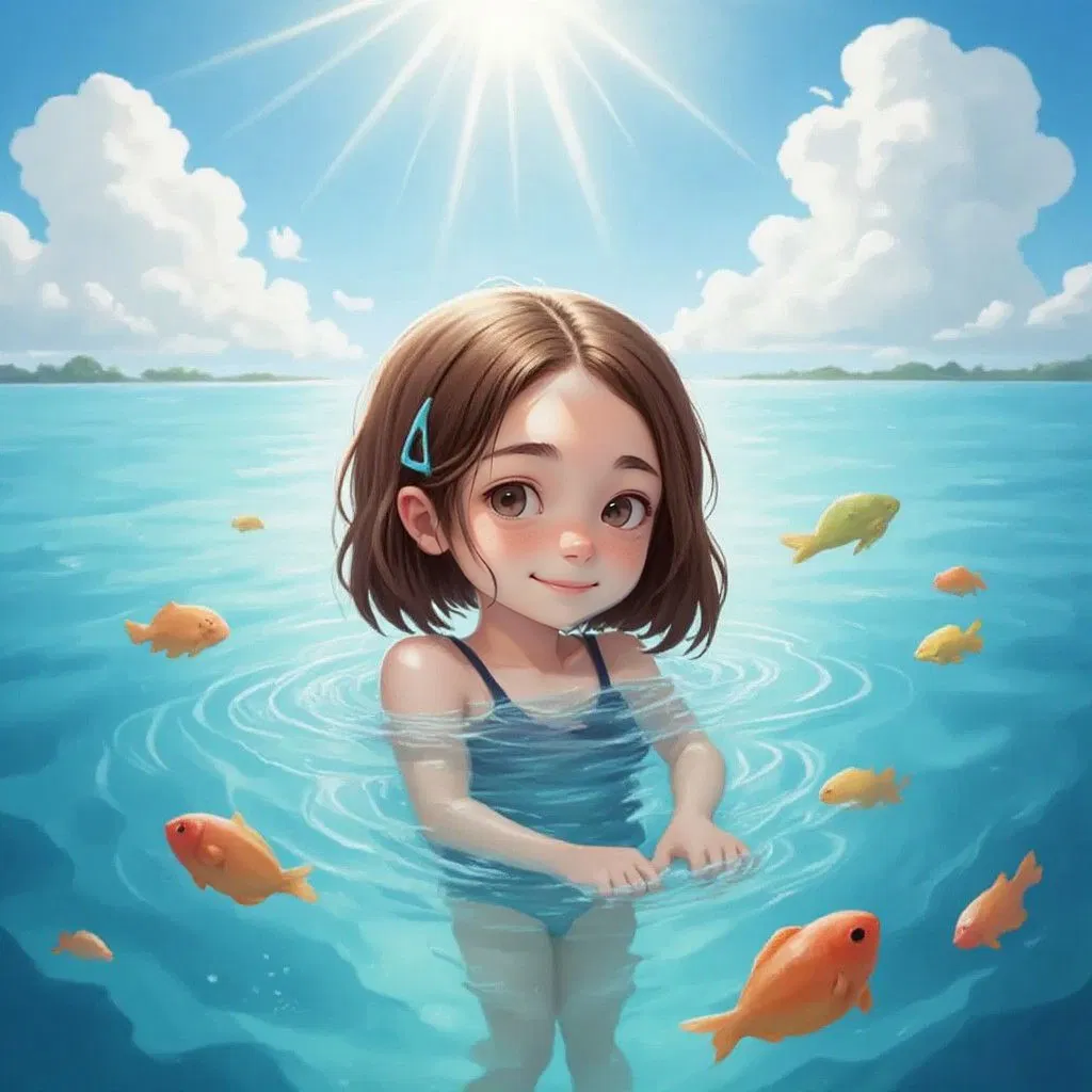 Alice floating on her back in blue water, colorful tropical fish swimming nearby. Fluffy clouds visible in the sky above.