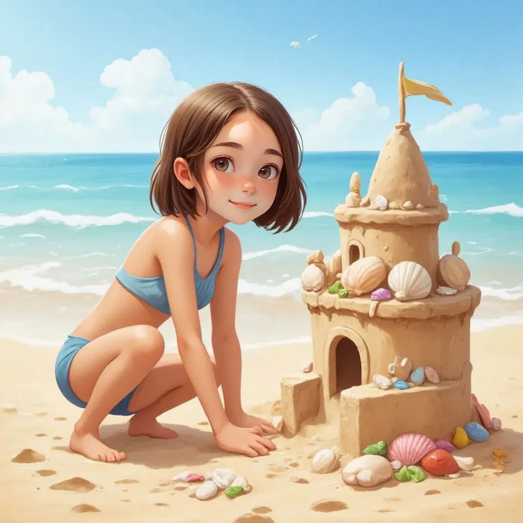 Alice kneeling beside a large sandcastle decorated with seashells, a moat surrounding it. Ocean waves in the background.