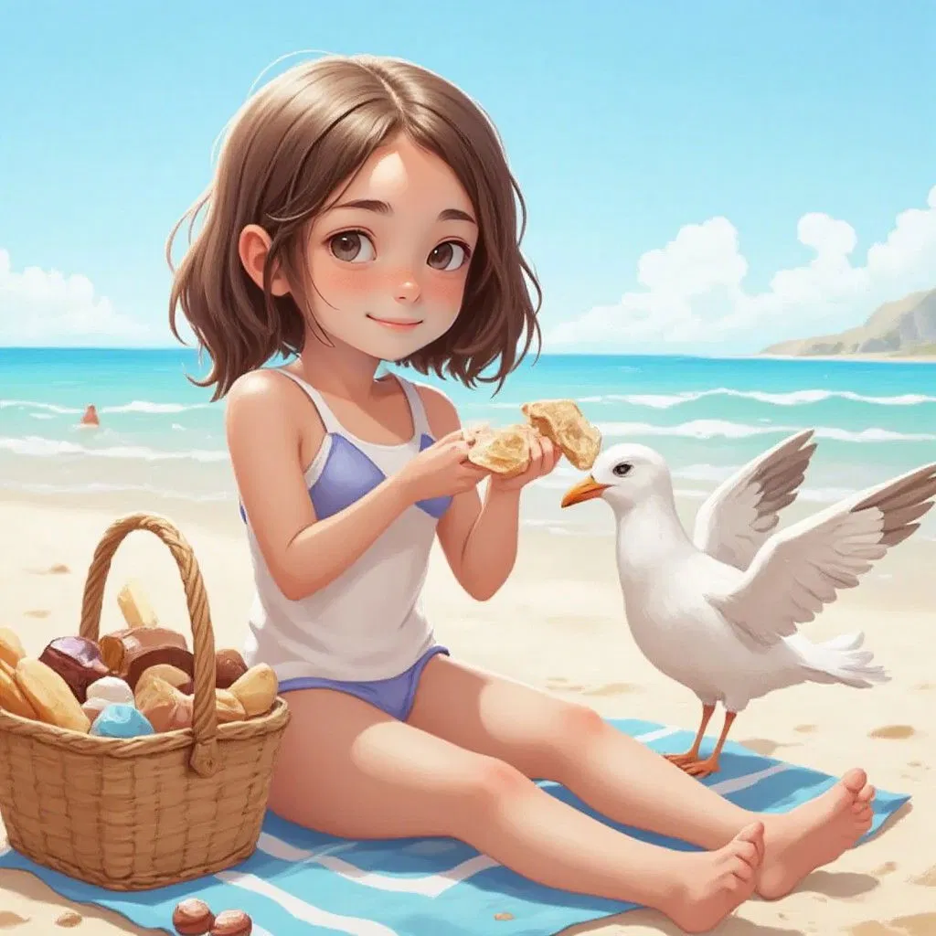 Alice sitting on a beach towel with a picnic basket, sharing bread with a curious seagull. Ocean waves in the background.