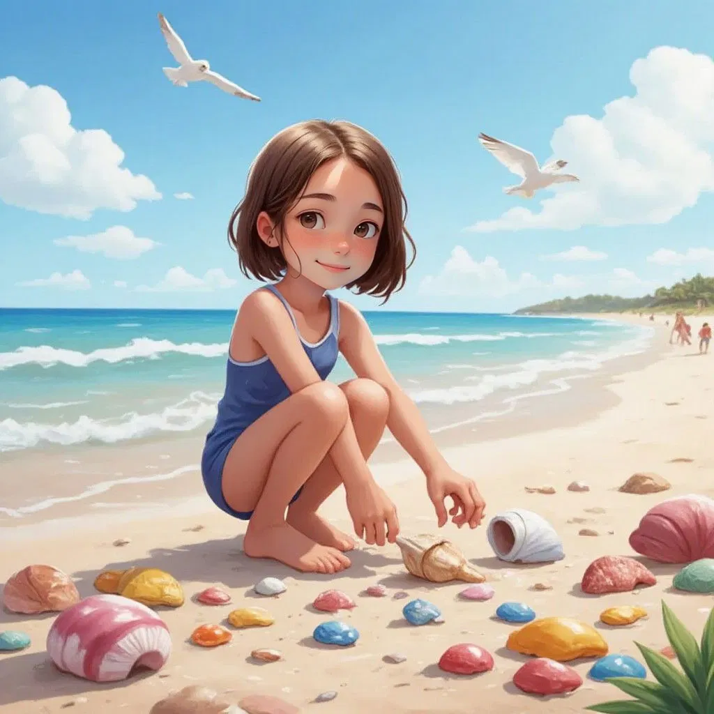 Alice collecting colorful seashells on the shoreline, waves gently lapping at her feet.