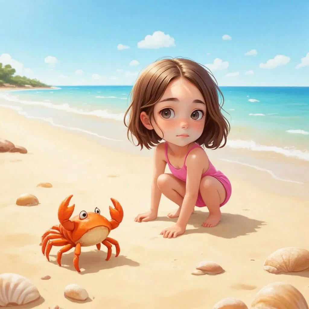 A small orange crab with raised claws on golden sand, with Alice watching from a short distance.