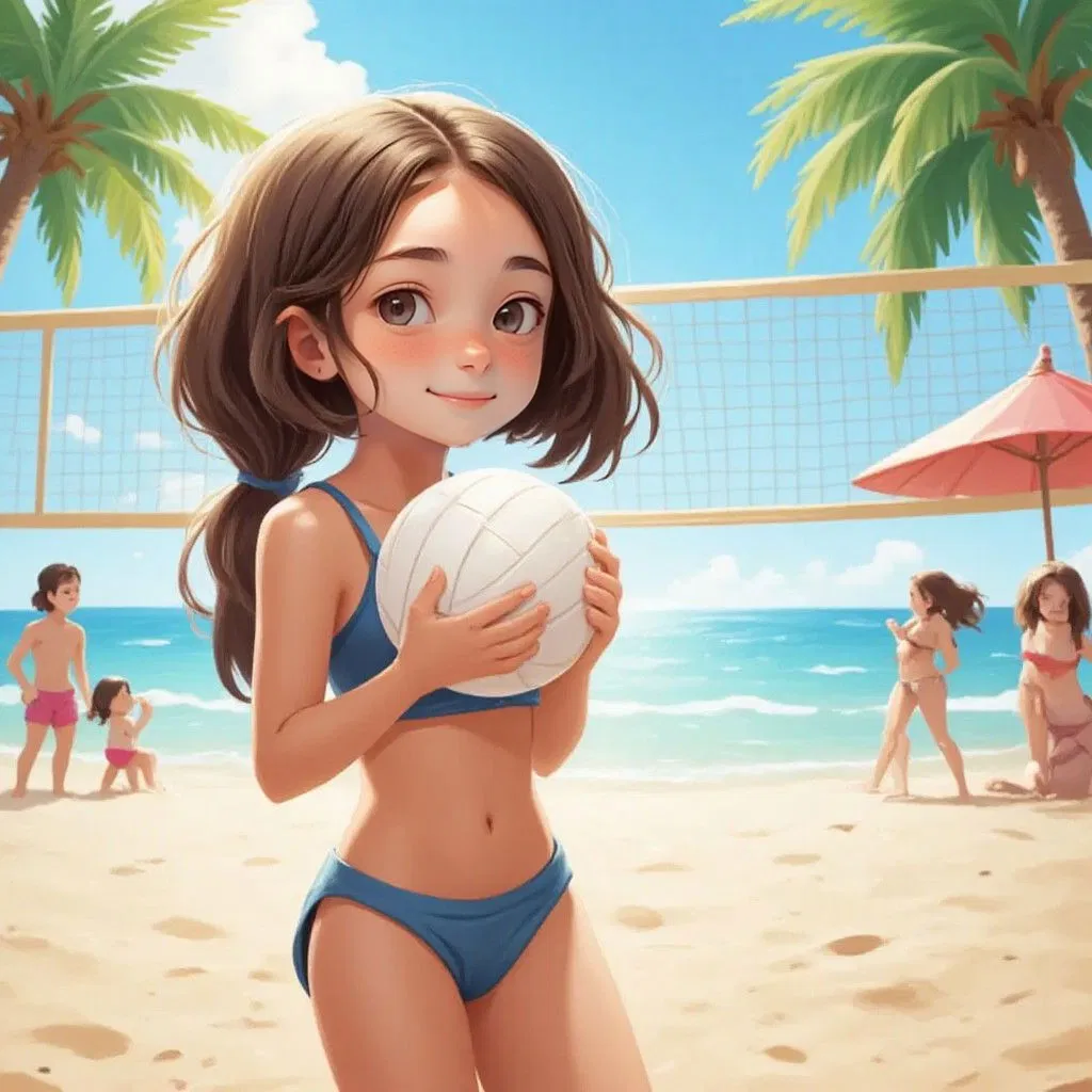 Alice playing beach volleyball with a white volleyball in her hands, ready to serve.