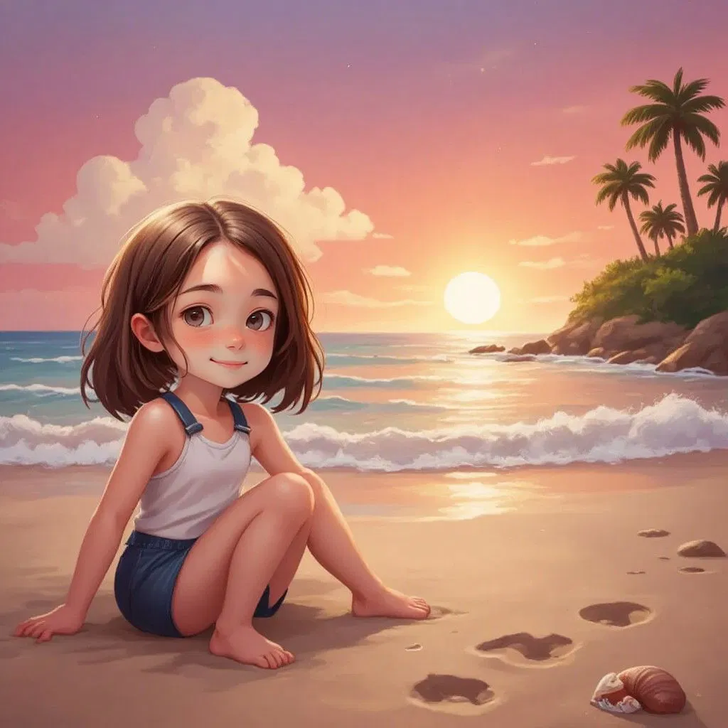 Alice sitting on the beach during sunset, sky painted in orange and pink hues, waves rolling in the background.