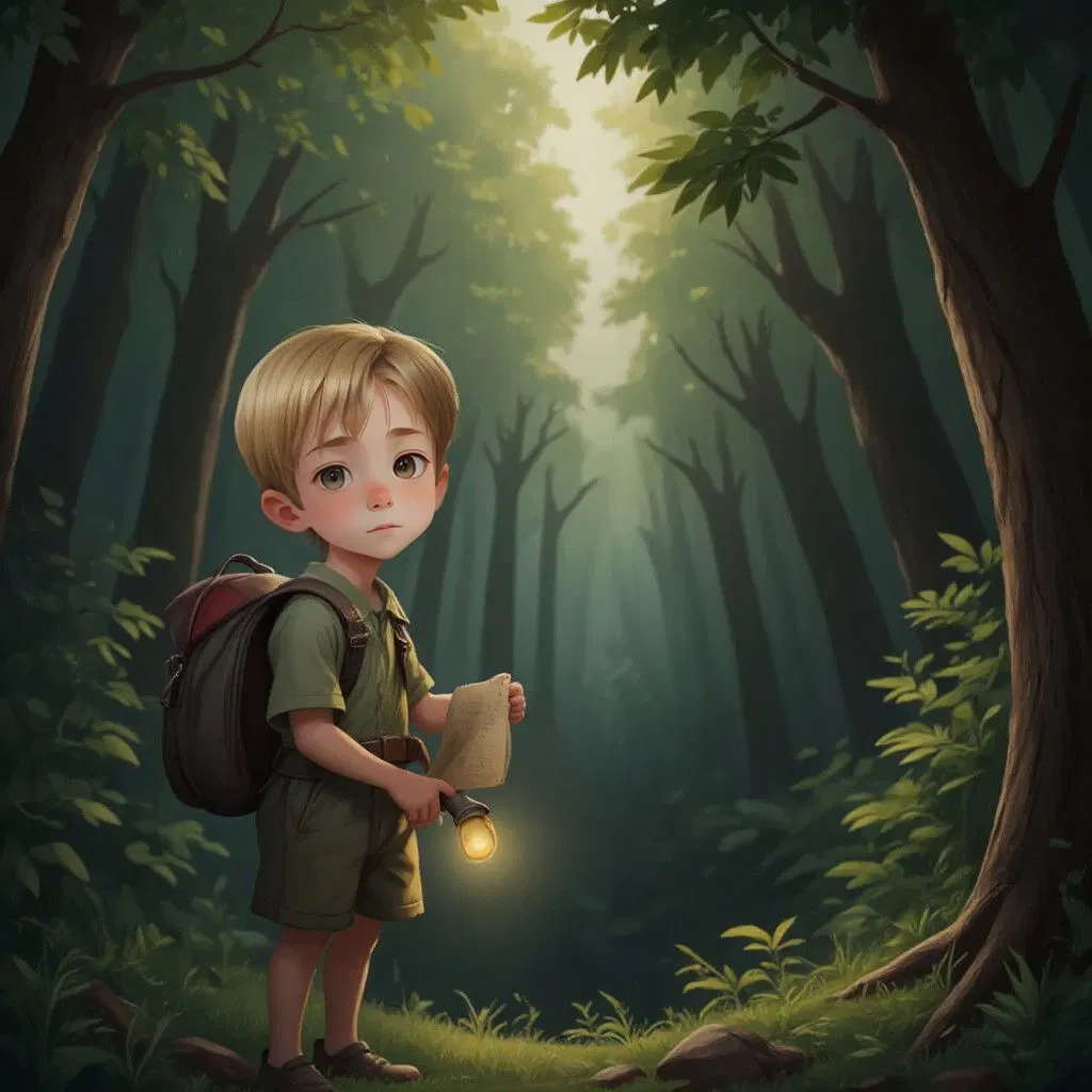 Marwan standing at the edge of a dark, dense forest. He's wearing a backpack, holding a map and flashlight. A determined expression on his face as he looks into the mysterious woods.