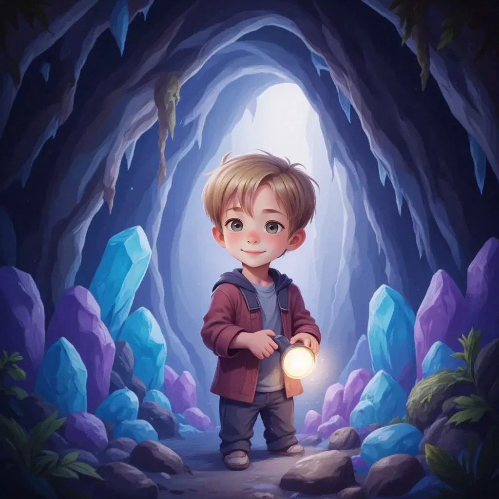 Marwan inside a cave, surrounded by glowing blue and purple crystals embedded in the cave walls. His flashlight beam illuminating the path ahead. An expression of wonder on his face.