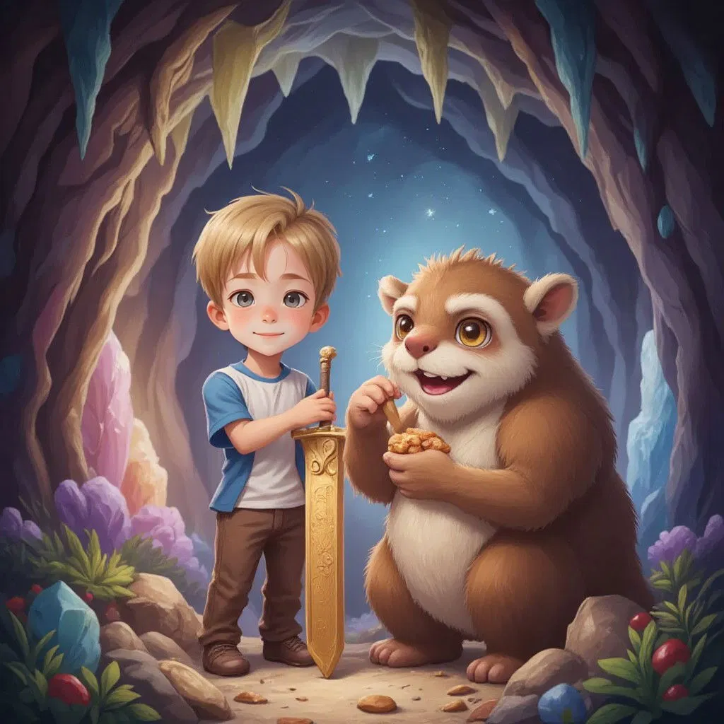 Marwan standing next to a large, furry monster with gentle eyes (grey fur, round ears, and a friendly smile). Marwan holding a golden ancient sword with intricate engravings, while sharing snacks with the monster. Crystal-covered cave walls in the background.