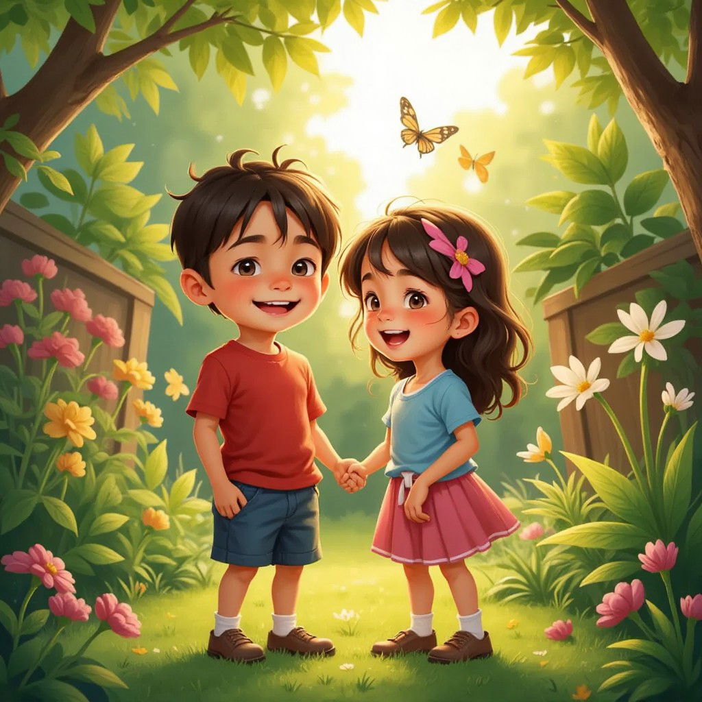 Matteo and Emma standing in their backyard garden, surrounded by tall plants and flowers. Emma holding Matteo's hand protectively, both with big smiles on their faces