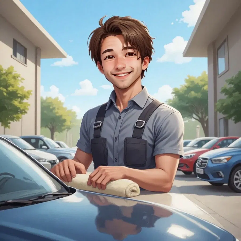 Francois smiling, polishing a car under the bright sun, with sparkling cars in the background