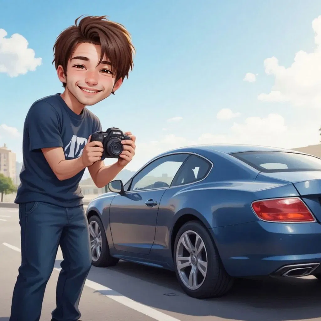 Francois taking pictures of a car, with the sun shining perfectly, capturing the car's best features