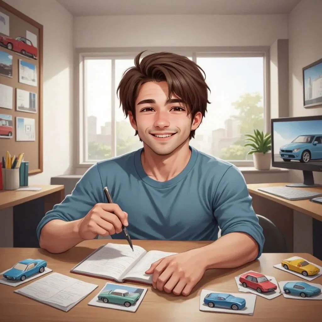 Francois sitting at a desk, notebook open, writing car descriptions, surrounded by car photos