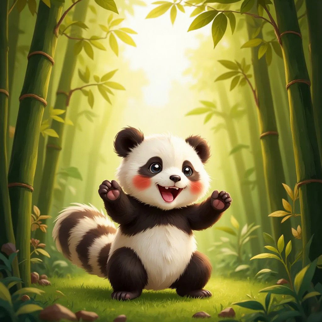 a panda laughing, chubby, fluffy, rosy cheeks, a panda laughing, chubby, fluffy, rosy cheeks, in a bamboo forest