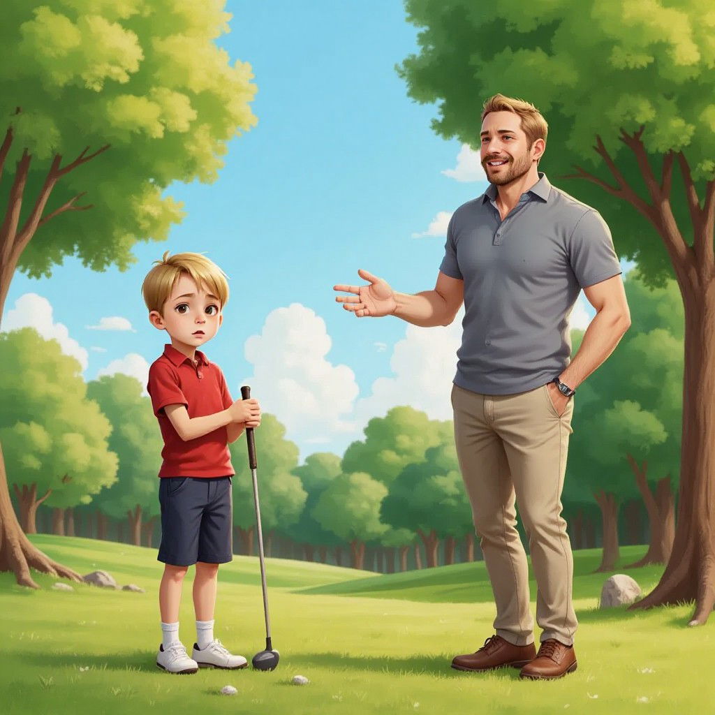 Ben standing hesitantly at a sunny park entrance, holding a small golf club, while a smiling man in casual clothes (his dad) gestures encouragingly