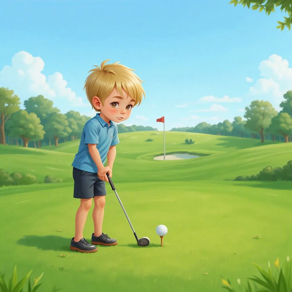 Ben on a green golf course, gripping a golf club with determination, while a golf ball sits nearby on a tee