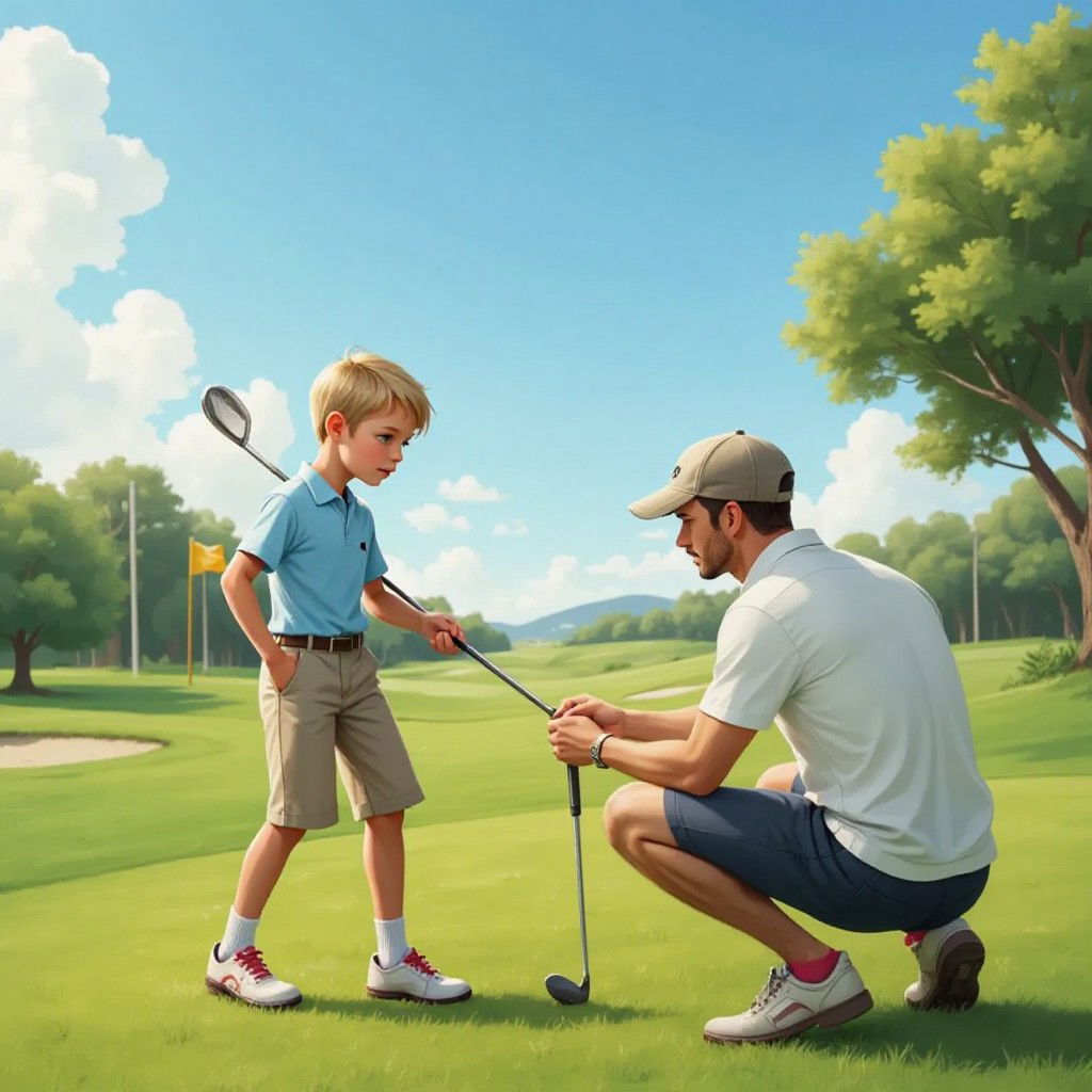 Ben practicing his golf stance on a sunny golf course, focused expression on his face, while his dad kneels beside him adjusting his grip on the club