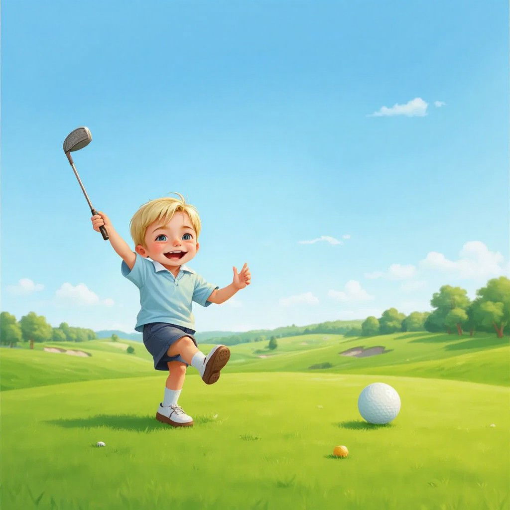 An excited Ben jumping with joy on the golf course, his golf club in one hand, while a golf ball can be seen in the distance