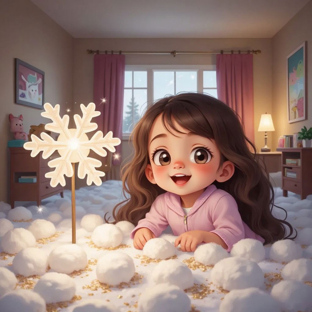 Snowflake surrounded by cotton balls and glitter in Aubree's room, creating a winter scene