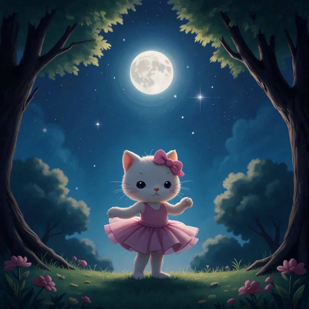 Kitty Minnie Sparkle in a tutu, performing a ballet pose under moonlight