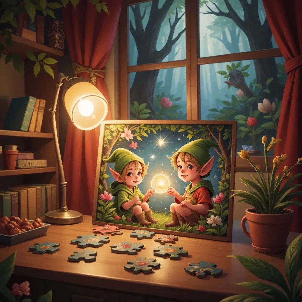 A partially completed puzzle showing magical elves, with pieces scattered nearby