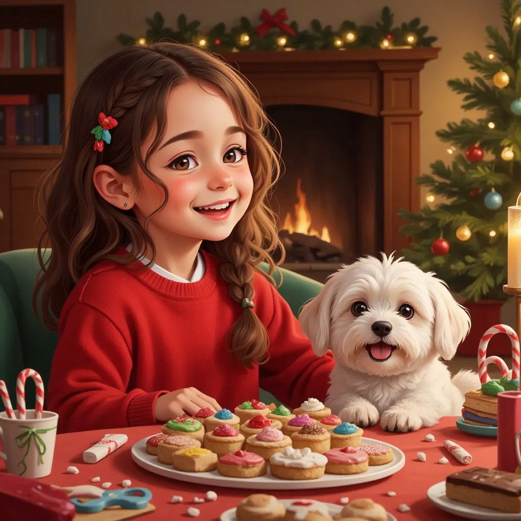 A festive table set with treats and candy canes, Aubree seated with Snowflake